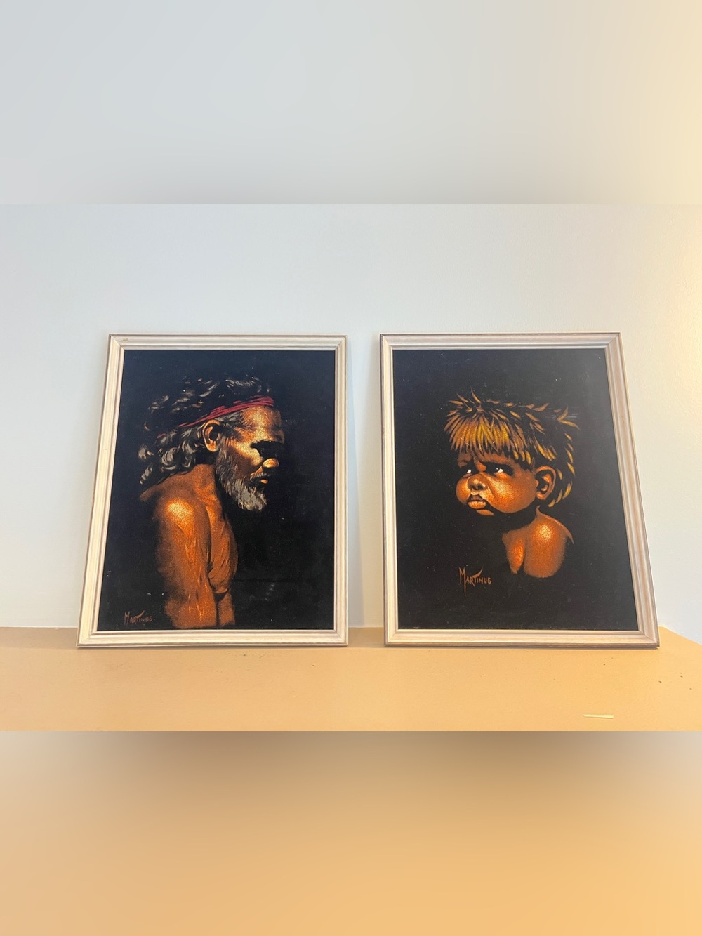 Vintage Martinus Australian Aboriginal Black Velvet Portrait Art Pair 1975